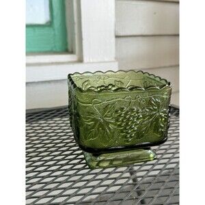 Vintage Anchor Hocking Square Green Glass  Dish Bowl Grapes and Leaves